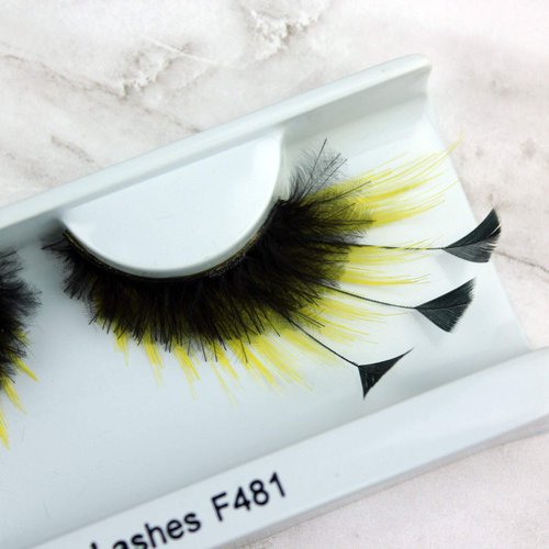 Elegant Lashes F481 Premium Feather False Eyelashes "Fuzzy Bumblebee" Black and Yellow Feathers Halloween Dance Rave Costume