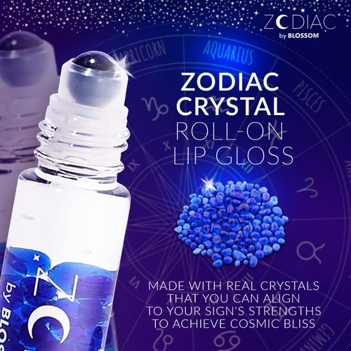 Blossom Zodiac Sign Roll-On Lip Gloss, Vanilla Scented + Moisturizing with Crystals, Made in USA, 0.20 fl. oz./5.9ml, Aquarius