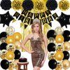 Black and Gold Birthday Decorations, Gold Black Foil Confetti Birthday Balloons Black Foil Balloon Happy Birthday Banner Pom Poms Gold Fringe Curtain for Men Women Birthday Party Decoration Supplies