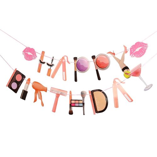 EVECILOO Makeup Birthday Banner, Spa Themed Party Happy Birthday Banner, Spa Party Decorations, Lipstick Banner, Girls Makeup Party DIY Decorations