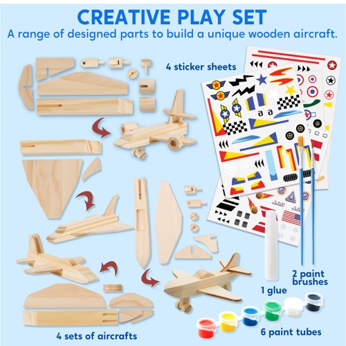 Klever Kits 4 DIY Wooden Aircrafts-Build & Paint Your Own Wooden Airplane Craft Kit, Art & Craft Kit DIY Projects, Easy to Assemble Birthday Gifts for Boys 6-12 Year Old