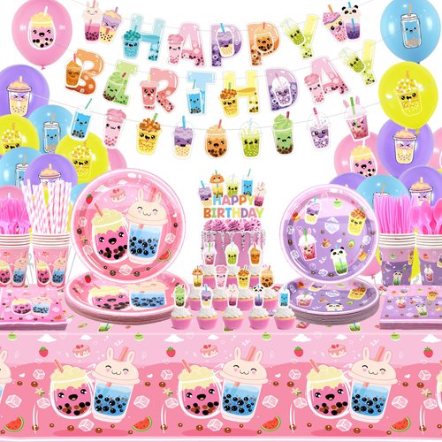 Obussgar Bubble Tea Birthday Party Decorations - Milk Tea Party Supplies Include Banner, Cake Topper, Plates, Cups, Napkins, Balloons, Tablecloth for Girls Birthday Party - Serves 20 (Banner)