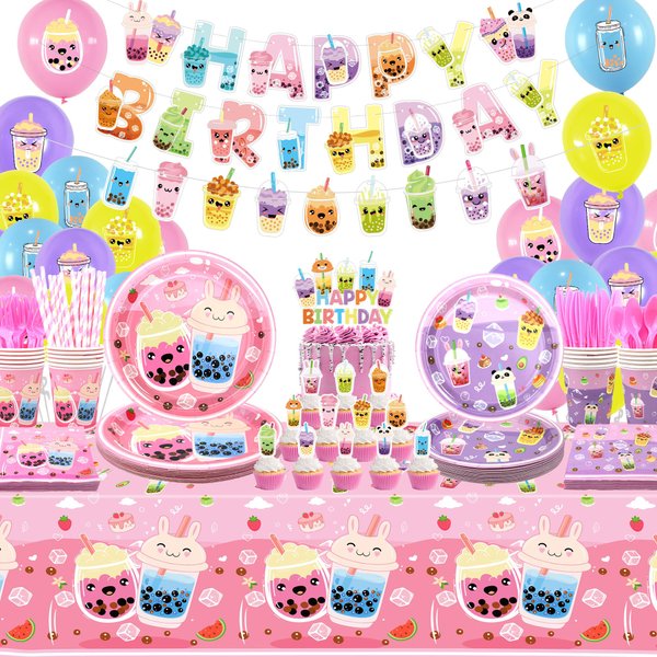 Obussgar Bubble Tea Birthday Party Decorations - Milk Tea Party Supplies Include Banner, Cake Topper, Plates, Cups, Napkins, Balloons, Tablecloth for Girls Birthday Party - Serves 20 (Banner)