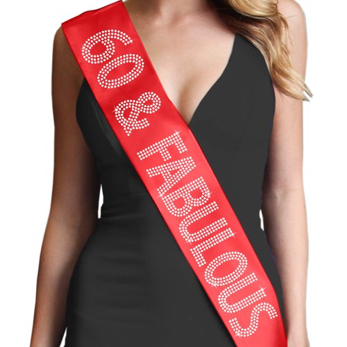 60th Birthday Sash - Rhinestone 60 & Fabulous Satin Sash - Red
