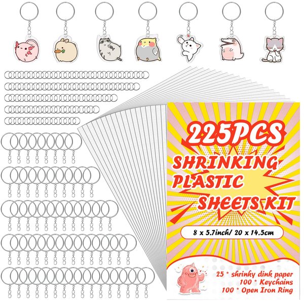 OFNMY 225PCS Shrinky Dinks Kits,Shrinky Dink Sheets,Shrink Plastic Sheets Kit with 25PCS Shrinky Dink Paper,100PCS Keychains and Open Iron Ring for Kids Creative Craft Marking, Handprint Keychains