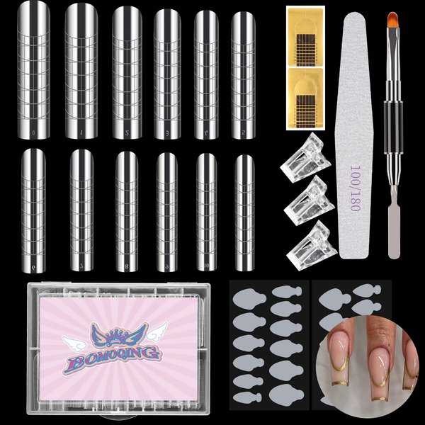 BOMOQING Nail Dual Forms for Poly Nail Gel 120 PCS 12 Sizes Square Tips for Full Cover Reusable Nail Molds Poly Nail Gel x Nail Kit,2 Nail Forms and Nail Sticker Silicone All in One Kit Nail Art Salon