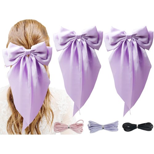 PQZKLDP 2PCS Silky Satin Hair Bows Big Versatile Hair Bows Cute Clips for Women Purple Hair Bow Ribbons Oversized Long Tail Metal Clips Bowknot Aesthetic Hair Accessories (PD 208)