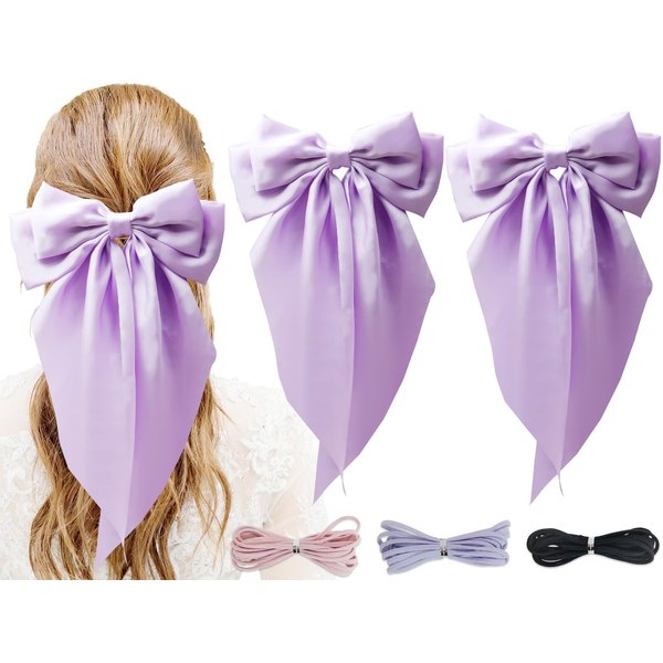 PQZKLDP 2PCS Silky Satin Hair Bows Big Versatile Hair Bows Cute Clips for Women Purple Hair Bow Ribbons Oversized Long Tail Metal Clips Bowknot Aesthetic Hair Accessories (PD 208)