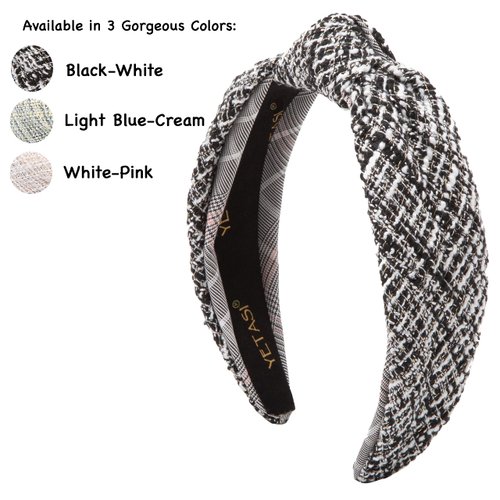 YETASI Black Knotted Headband for Women with Hints of White Threading is Unique. Tweed White Black Headbands for Women Top Knot