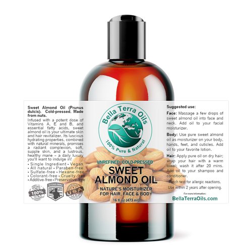 Bella Terra Oils - Organic Sweet Almond Oil 16 oz - Harnessing Almond’s Rich Vitamin A & B Profile, Cold-Pressed, Ideal for Radiant Skin