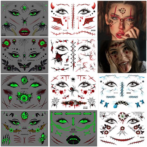 Syunyin Halloween Tattoos, (10 Sheets) Spider Temporary Tattoos Adult Face Tattoo Carnival Fake Tattoos including Glow in the Dark Tattoos Festival Tattoos for Kids and Girls Tattoo Stickers for Party
