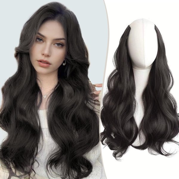 FAVE V-Shaped Clip in Extensions Synthetic Hair Extension Wavy Hair Extensions Brown Black Hair Extensions One Piece Extensions with 5 Secure Clips Vigorous Clip in Hair Extensions for Women