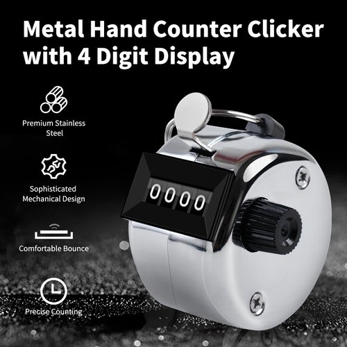 Anyongora Clicker Counter, Metal Hand Tally Counter Clicker with 4 Digit Display, Pitch Counter for Golf Stroke, Baseball, Coaching, Knitting, Lap, Row Sport, Silver