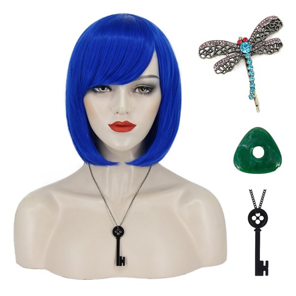 FOVER Blue Coraline Wig Short Blue Bob Wigs for Coraline Costume Girls with Necklace Dragonfly-Hairpin Pendant Bob Hair Wig with Bangs Cute Synthetic Wigs for Party Halloween FE017BL
