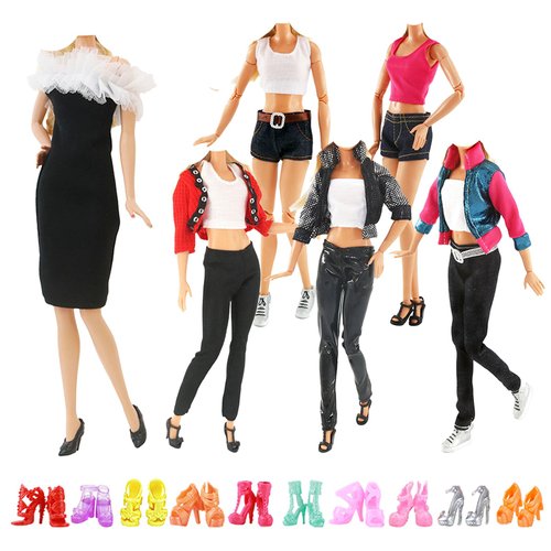 16 PCS Handmade Doll Clothes and Accessories for 11.5 Inch Girl Dolls Including 6 Casual Wear Outfits ( 3 Coat 5 Tops 5 Pants 1 Dress) and 10 Pair of Shoes in Random Birthday