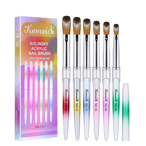KEMEISI 6PCS Acrylic Nail Brush Set, Size 06/08/10/12/14/16 Kolinsky Nail Art Brushes for Acrylic Application, Sturdy Handle Oval Shaped Acrylic Powder Nail Design Tools for Professional Manicure DIY