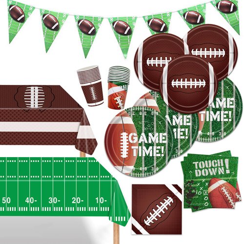Football Party Supplies Kit for 24, 9-inch Plates, Dessert Plates, Touchdown Napkins, Cups, Banner, Yard Line Tablecloth for Birthday, Gameday, Tailgate, Sup Bow Party Decorations