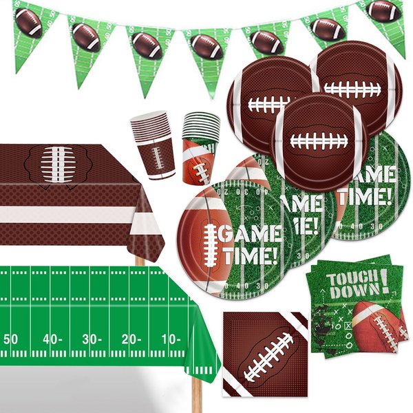 Football Party Supplies Kit for 24, 9-inch Plates, Dessert Plates, Touchdown Napkins, Cups, Banner, Yard Line Tablecloth for Birthday, Gameday, Tailgate, Sup Bow Party Decorations