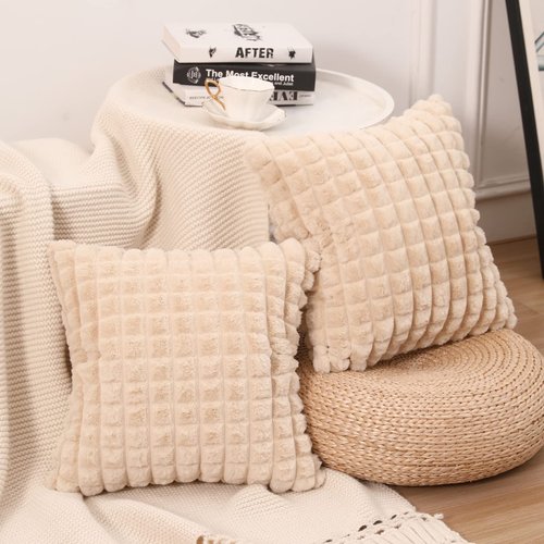 MANDIOO Set of 2 Super Soft Plush Faux Fur Throw Pillow Covers 22x22 Inch,Plaid Texture Modern Luxury Decorative Pillow Case Cushion Cover for Home Decor Sofa Couch Bed Farmhouse,Beige