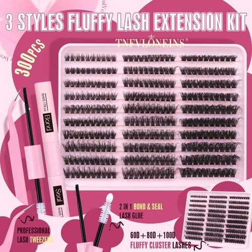 Fluffy Lash Extension Kit 60D+80D+100D Lash Clusters Thick Eyelash Extension Kit 10-18mm Individual Lashes Kit 300PCS Eyelashes Extension with Bond and Seal and Lash Extension Tweezers by TNFVLONEINS
