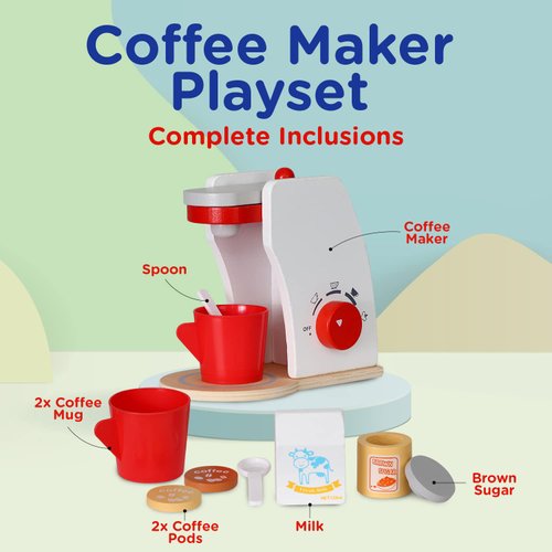 Play Brainy Coffee Maker with Breakfast Toy Food for Kids Kitchen Playset- 7 Piece Wooden Kitchen Accessories for Pretend Plays & Interactive Early Learning for Boys & Girls 3+