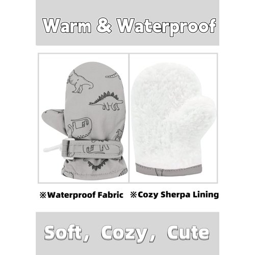 Slivery Color Toddler Mittens Kids Winter Warm Gloves Lined Fleece Gloves Waterproof Snow Baby Mitten for Boys Grey Dinosaur 2-4T