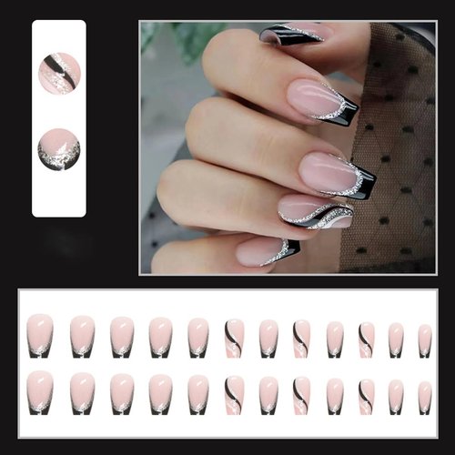 AkiliBIELY French Tip Press on Nails Short Medium Square Black Silver Fake Nails Pink Curve Bling Glue on Nails Cute Women Stick on Nails Acrylic Gel False Nails Wedding Birthday