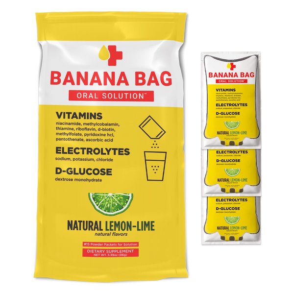 Banana Bag Oral Solution - Pharmacist Hydration Recovery Formula - Electrolyte & Vitamin Powder Packet Drink Mix - Natural Lemon Lime - Pack of 15