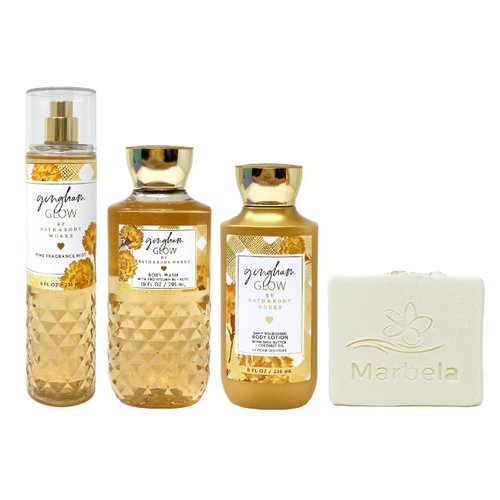 Bath & Body Works Gingham Glow Trio Bundle with a Natural Oats Bar Soap - Fragrance Mist - Body Wash and Body Lotion - Full Size
