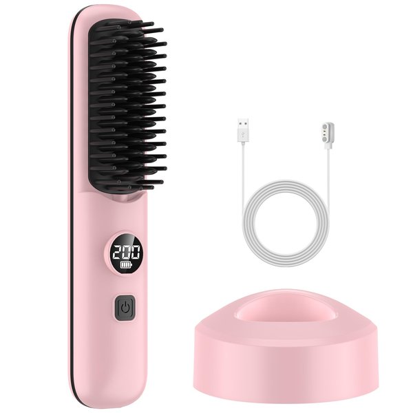 HUNAIF Cordless Hair Straightening Comb|Portable Travel Hair Straightening Comb for Women|Hot Comb|Hair Straightener & Curling Iron 2-in-1|5-Position Temperature Adjustment|LED Display Pink