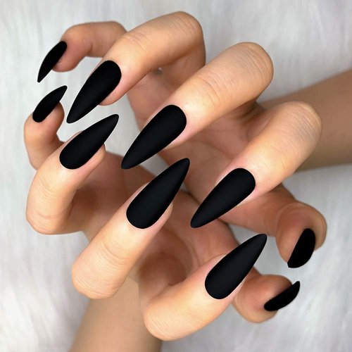 Morily 24pcs Fake Nails Matte Pure Color Medium Long Stiletto Almond Press on Nail False Tips Artificial Finger Manicure for Women (Black)