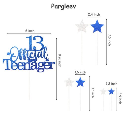 Pargleev Glittery 13 Ofiicial Teenager Cake Topper with Star Boys and Girls 13th Birthday Party Supplies,Thirteen Years Old Birthday Party Decorations Royal Blue
