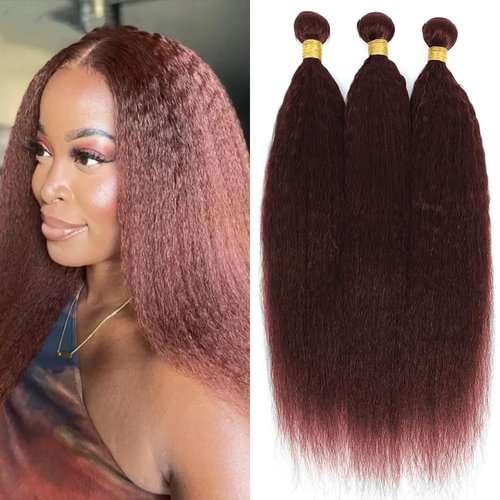 Color #33 Kinky Straight Bundles Human Hair Reddish Brown Yaki Straight Bundles Copper Red Double Weft Brazilian Remy Hair Extensions Soft and Silky for Black Women (20 22 24 Inch 3 Bundles)