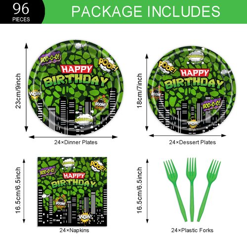 96 Pcs Ninja Superhero Birthday Party Plates and Napkins Green Comics Cityscape Buildings Party Supplies Set Boy Kids Green Tortoise Birthday Party Decorations Serve 24 Guests Tableware
