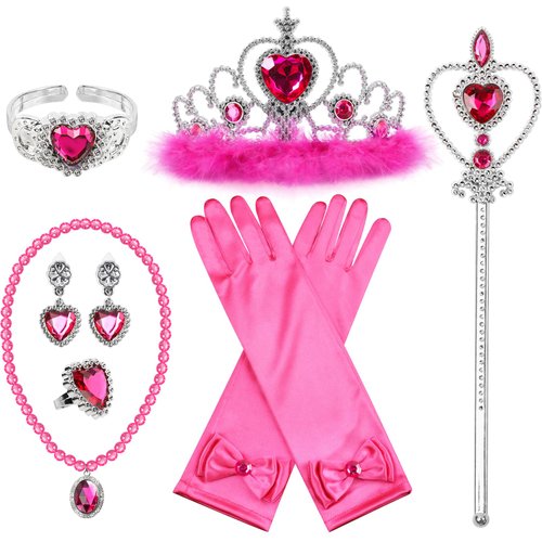 BIBUTY Princess Dress Up Accessories Princess Gloves, 7pcs Dress Up Set for Toddler Girls (Rose, 7PCS)