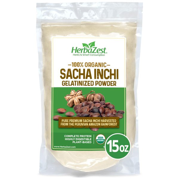 HerbaZest Sacha Inchi Protein Powder Organic - 15oz - USDA Certified, Vegan & Gluten-Free Superfood - Perfect for Smoothies, Baking, Yogurt, Hot Cereal & Savory Dishes