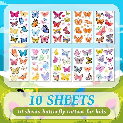 EMOME 100 Styles Butterfly Tattoos Temporary for Kids Girls, Colorful Art Temporary Tattoos for Kids, Kids Tattoos Temporary for Birthday Party Favors Makeup Supplies (10 Sheets)