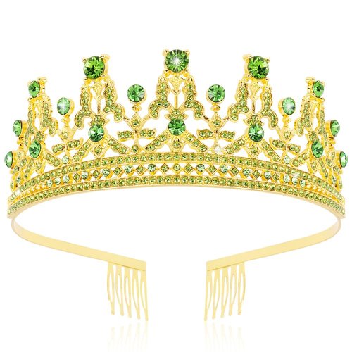 FASOTY Gold Tiara Green Crystal Crown with Combs Elegant Princess Tiaras and Crowns for Women Girls Rhinestone Headband for Bride Bridal Wedding Birthday Party Prom