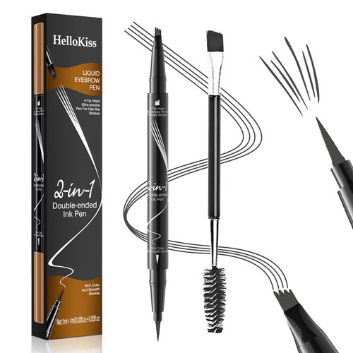Eyebrow Pen, Microblading Eyebrow Pencil, 2-in-1 Natural Brow Eyebrow Pen with 4-Fork-Tip & Precise Brush-Tip Create Natural-Looking Brows, Stay on All Day, with Dual-ended Brow Brush, Grey