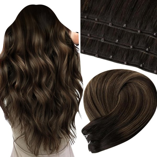 LaaVoo Beaded Weft Hair Extensions Human Hair Beaded Weft Extensions Balayage Human Hair Beaded Hair Extensions Ombre Darkest Brown to Light Brown 18inch 50g