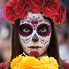 4 Pcs Day of The Dead Sugar Skull Face Temporary Tattoo Halloween Makeup Tattoo Stickers for Halloween Masquerade Party with 1 Rose Red Flower Crown Headband