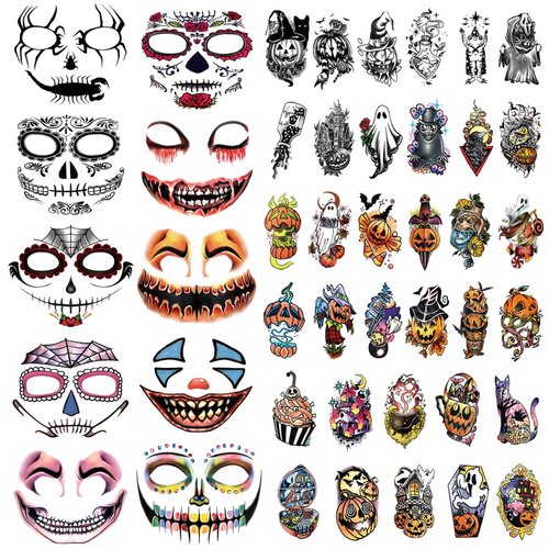 50 Sheets Halloween Temporary Tattoo Family Set Day of Dead Pumpkin Ghost for Women Black Fake Death Skull Floral Skeleton Tatoos for Men Boy Girl, Halloween Zombie Makeup Tattoo Party Favor Supplies