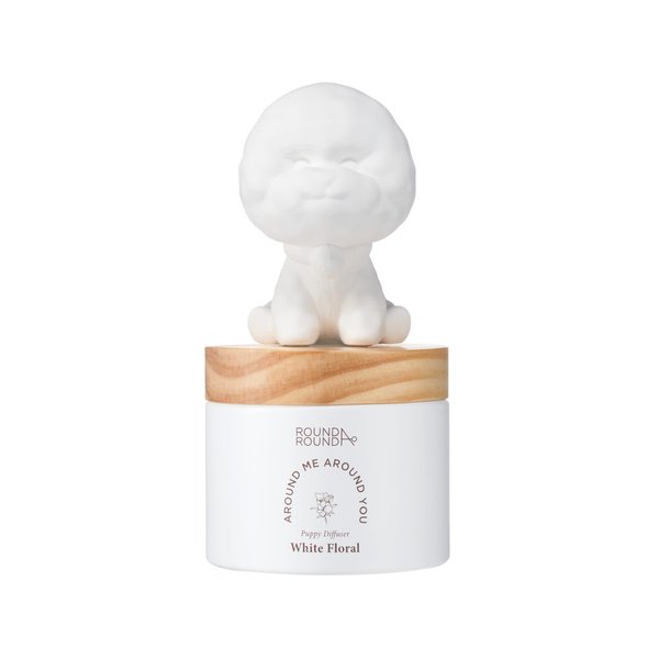 Round A'ROUND Puppy Diffuser [Fluffy Bichon] | White Floral Home Fragrance Reed Diffuser for Bathroom Shelf Décor 3.38 Fl. Oz.