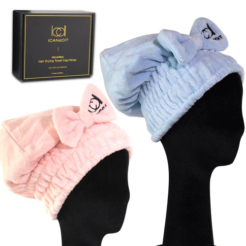 ICANdOIT-2PCS Microfiber Hair Drying Caps for All Hair Style, Extre Soft & Ultra Absorbent, Quick Drying Hair Turban Wrap Towels-Shower Cap for Girls and Women (LightPink+Blue)
