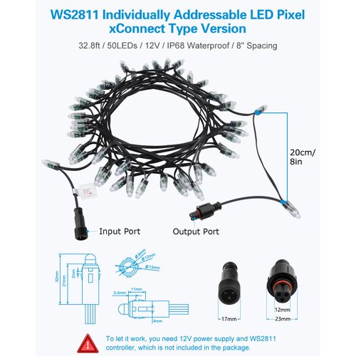 ALITOVE WS2811 12V RGB Pixel String Lights 8 inch Spacing 50LEDs Outdoor Programmable LED Pixels Light 12mm Diffused Digital Addressable Color Changing Bullet Modules with Waterproof Xconnector