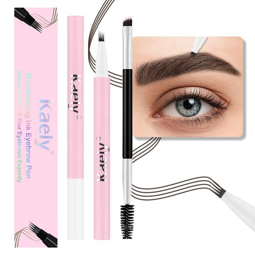 evpct Kaely 2Pcs Black Brown Magic Microblading Eyebrow Contouring Pen Brow Pencil, with 4 Brush Micro-Fork-Tips Precise Applicator, Dual-ended Eyebrow Brush, Hair Like Strokes, Natural Looking Brows