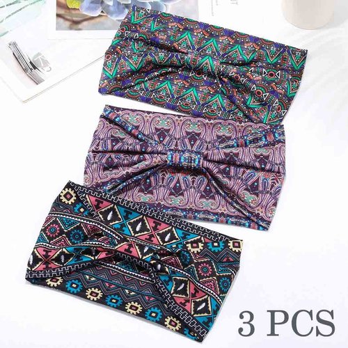 Aceorna Boho Headbands Wide Knotted Hairbands Stretch Printed Head Bands Bohemia Head Wraps for Women and Girls 3 Pcs (Set A)