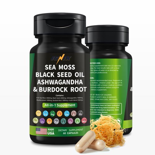 IGNIX Dietary Supplement with Sea Moss, Black Seed Oil, Ashwagandha, and Burdock Root-Irish Sea Moss 3000mg, Black Seed 2000mg, Ashwagandha 1000mg, Bladderwrack 1000mg, Burdock Root 1000mg.