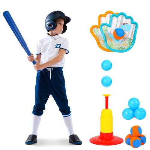Xuyongjun T Ball Set Toys for Kids,2 in 1 Tee Ball Set with Auto Ball Launcher & Adjustable Batting Bat Velcro Ball and Catch Game, Outdoor Games Sports Toy Gift for Toddlers Boys Girls Ages 3-5 5-8