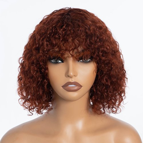 DÉBUT Reddish Brown Short Curly Bob Wigs, 100% Human Hair Glueless Wig with Bangs, 10 Inches Water Wave Wear and Go Bangs Wigs 150% Density